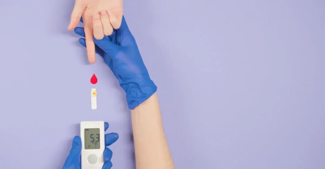 Illustration of a blood sugar level meter displaying normal readings among health symbols and nutritious foods